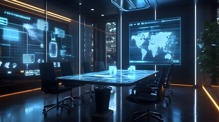 Fototapeta premium A virtual meeting room with 3D holographic workspace integrations and 2D glowing productivity metrics. 4k resolution, Cinematic Scene