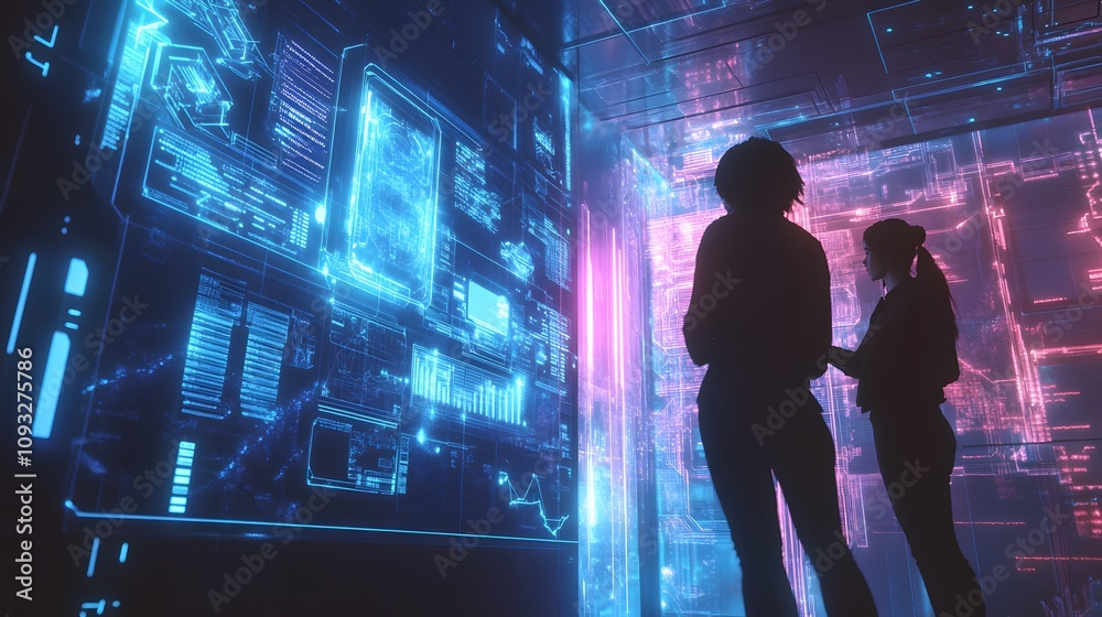 Poster A team using 3D glowing task organizers in the metaverse, complemented by 2D glowing data summaries. 4k resolution, Cinematic Scene
