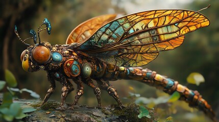 A stunning dragonfly with intricate, colorful wings perched on a mossy surface, showcasing nature's beauty.