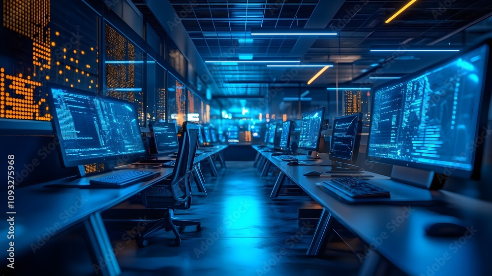 Poster A sleek workspace showcasing 3D glowing data exchange paths in the metaverse with 2D actionable insights. 4k resolution, Cinematic Scene