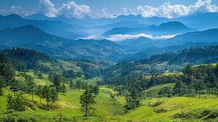Obraz premium A breathtaking view of lush green hills and mountains under a blue sky with scattered clouds.