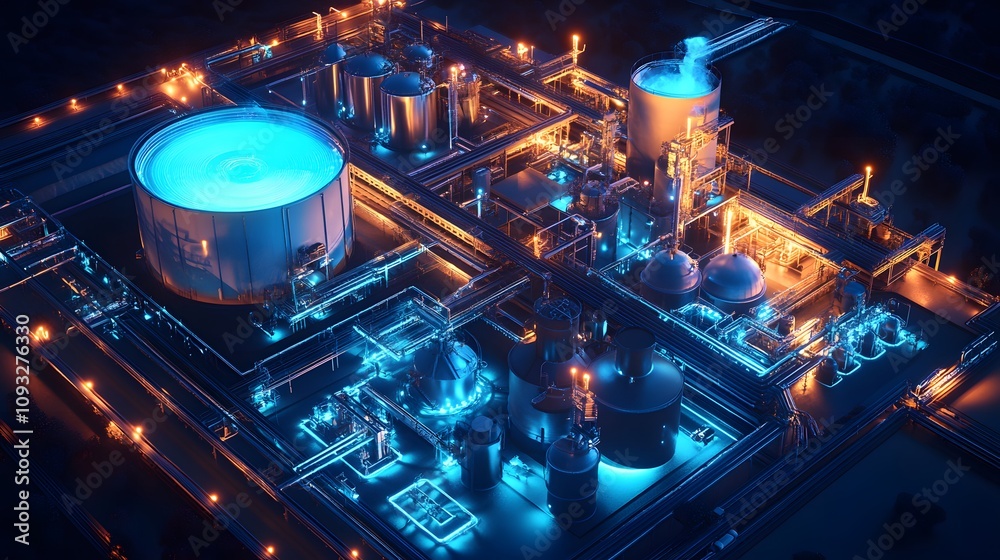Poster A digital lab integrating 3D glowing waste-to-energy systems with 2D feedback data on impact metrics. 4k resolution, Cinematic Scene