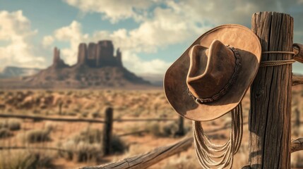 Rustic Cowboy Hat Hanging on Wooden Post with Monument Valley Landscape in Background, Showcasing American Western Heritage and Natural Beauty