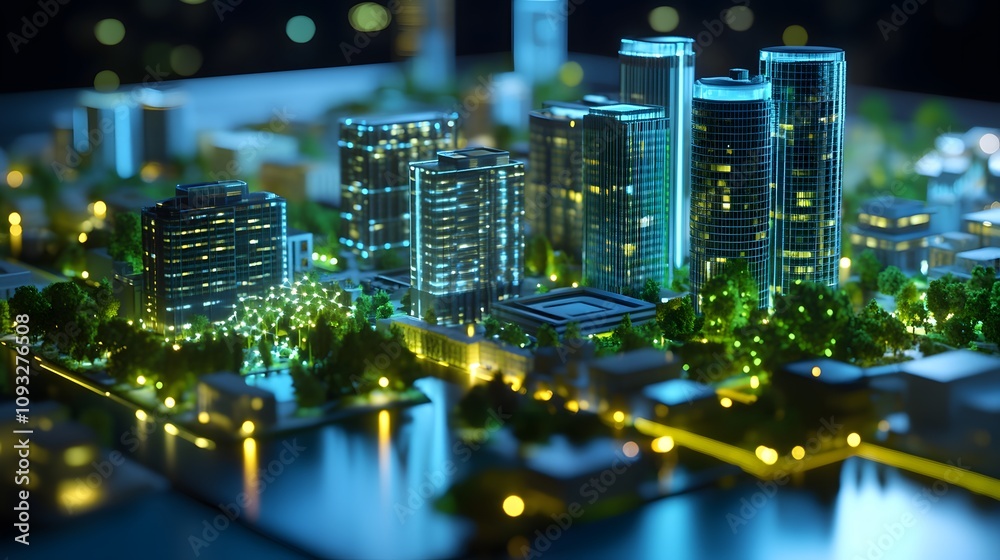 Poster A brainstorming workshop using 3D glowing urban green infrastructure models and 2D glowing progress metrics. 4k resolution, Cinematic Scene