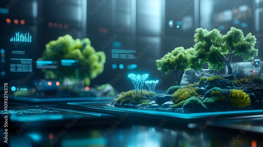 Poster A futuristic team session integrating 3D glowing ocean cleanup technologies with 2D floating decision trees. 4k resolution, Cinematic Scene