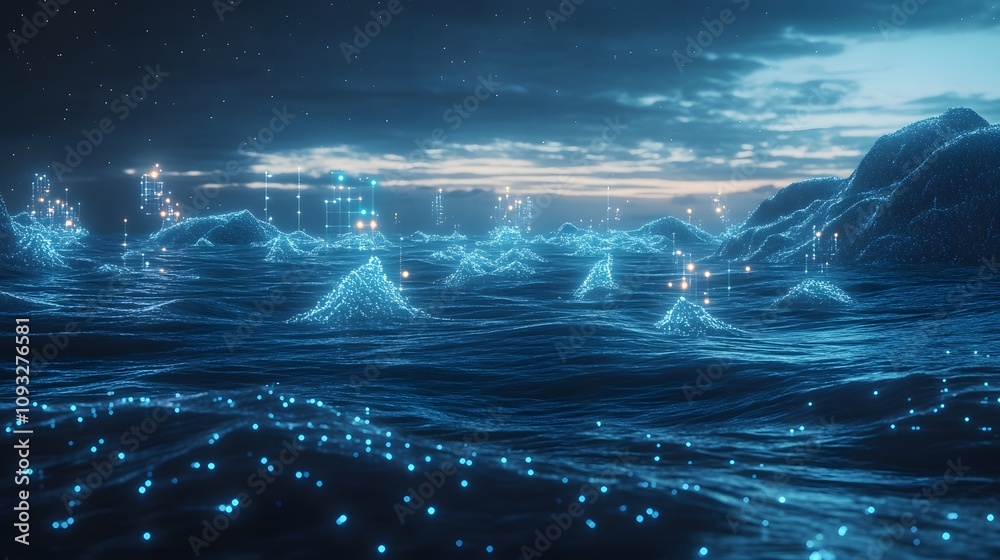 Poster A futuristic team session integrating 3D glowing ocean cleanup technologies with 2D floating decision trees. 4k resolution, Cinematic Scene