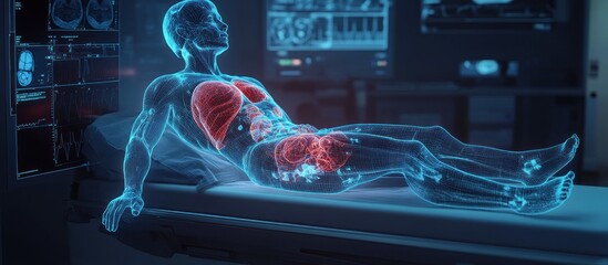 3D rendering of human anatomy during medical scan.