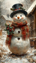Obraz premium a classic snowman with a smiling face, a carrot nose, and black button eyes and mouth. 