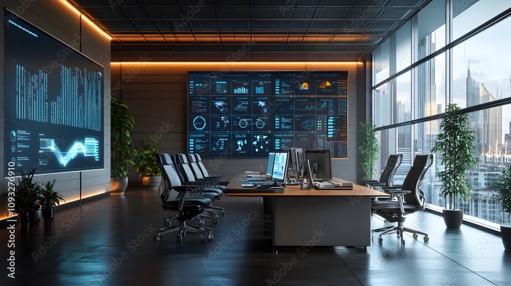 Poster a hybrid workspace featuring 3d glowing eco-industrial parks and 2d floating performance dashboards.