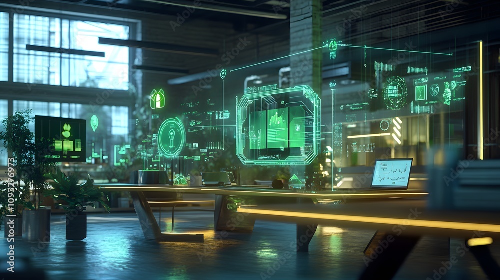 Poster A hybrid workspace showcasing 3D glowing green tech applications with 2D floating project impact metrics. 4k resolution, Cinematic Scene