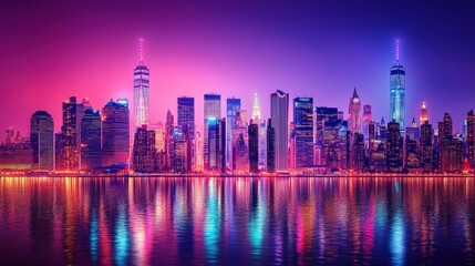 Obraz premium A Nighttime View of the Manhattan Skyline with Neon Lights Reflecting in the Water