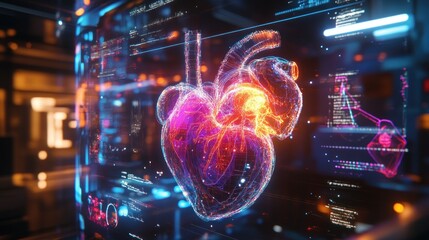 Obraz premium Holographic heart model with medical data overlay.