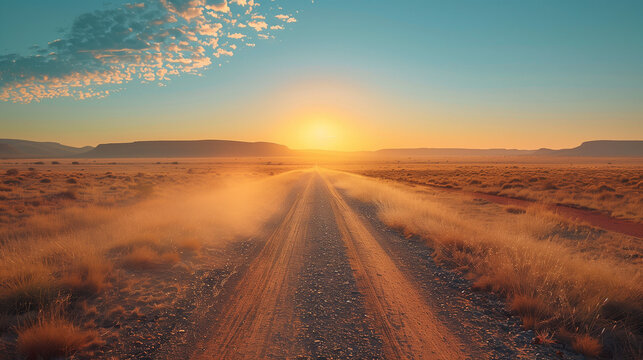 Australia Day celebration in the Australian outback with a scenic sunset over a dirt road