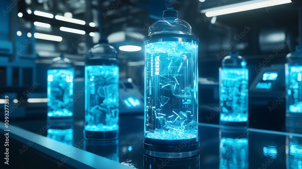 Poster a digital lab showcasing 3d glowing plastic waste solutions with 2d floating progress milestones. 4k