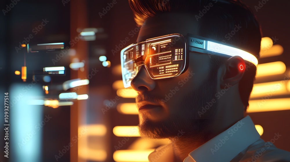 Aufkleber a modern office worker wearing a 3d glowing wearable device that displays task metrics, with 2d anim