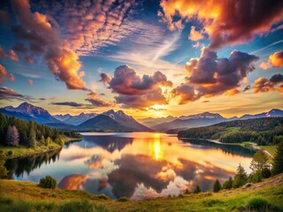 Romantic Landscape for Valentine's Day with Heart-Shaped Clouds and Scenic Mountains at Sunset, Perfect for Capturing Love Quotes for a Husband