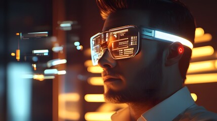 A modern office worker wearing a 3D glowing wearable device that displays task metrics, with 2D animated notifications hovering nearby. 4k resolution, Cinematic Scene