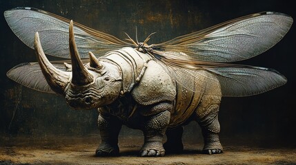 Fototapeta premium A surreal rhinoceros with butterfly wings, showcasing a fusion of strength and beauty in the animal kingdom.