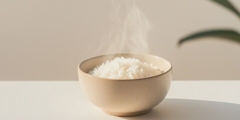A steaming bowl of fluffy white rice on a minimalist table.