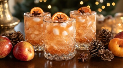 Festive holiday cocktails with cinnamon and orange garnishes in cozy setting