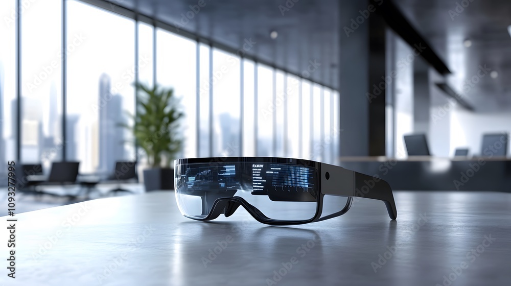 Poster a sleek office showcasing wearable augmented reality glasses projecting 3d data streams, with 2d act