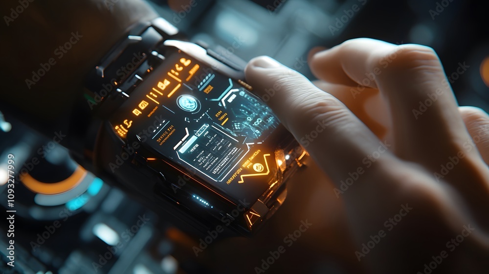 Poster A professional interacting with a 3D glowing smartwatch interface displaying real-time collaboration tools, with 2D task reminders. 4k resolution, Cinematic Scene