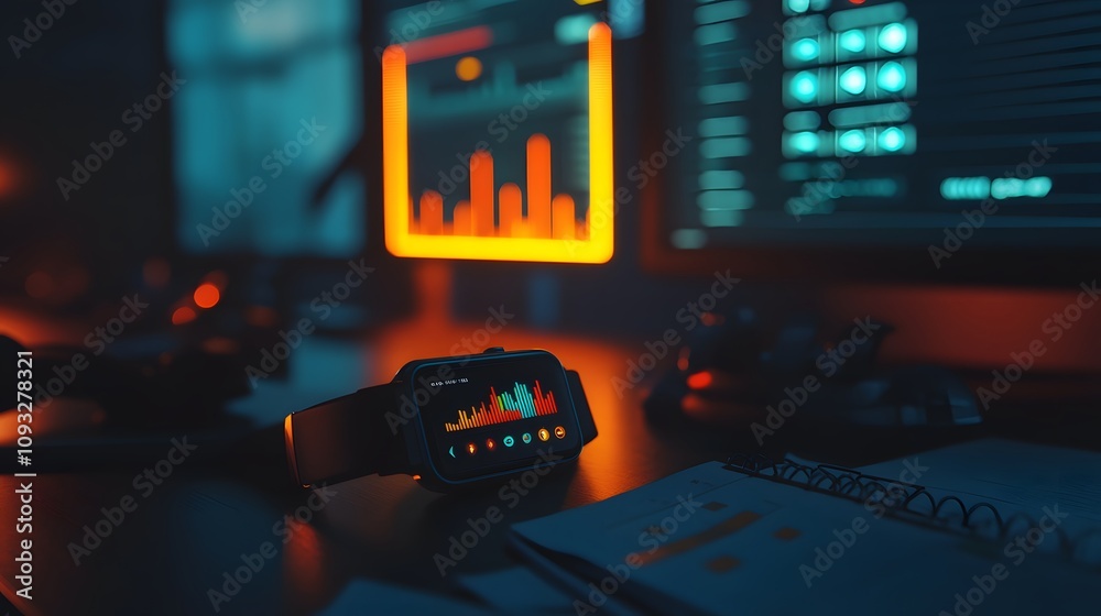 Poster A minimalist office setup with a professional wearing a 3D glowing fitness tracker displaying productivity stats, with 2D floating charts. 4k resolution, Cinematic Scene