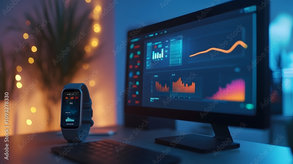 Poster A minimalist office setup with a professional wearing a 3D glowing fitness tracker displaying productivity stats, with 2D floating charts. 4k resolution, Cinematic Scene