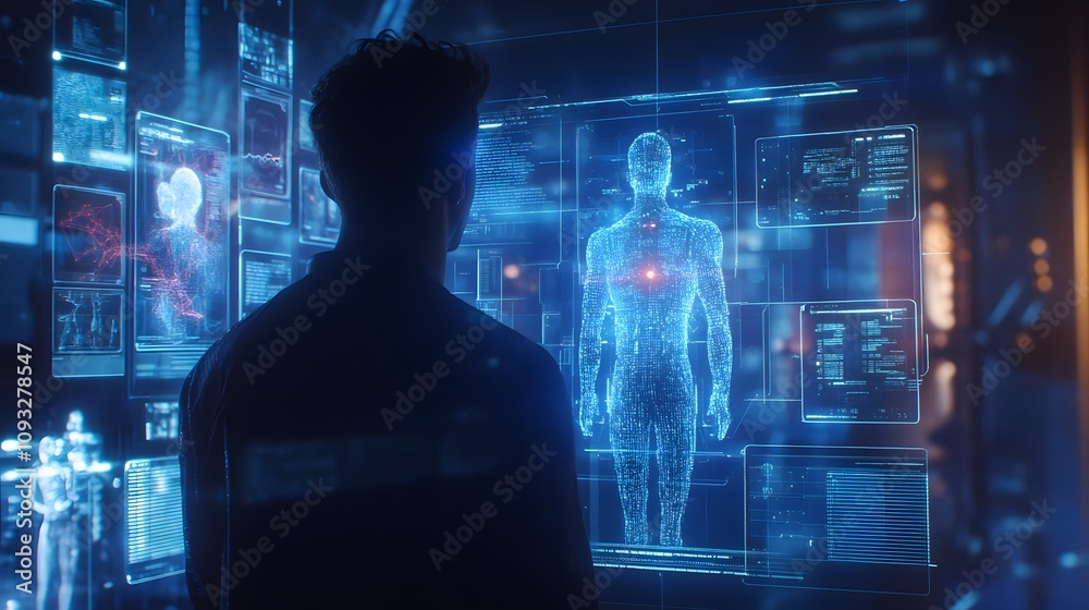 Poster a hybrid professional using wearable tech to interact with 3d holographic team avatars, supported by