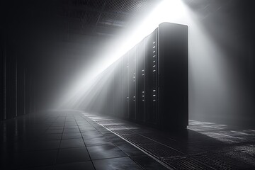 Dark server room with rows of servers and dramatic lighting