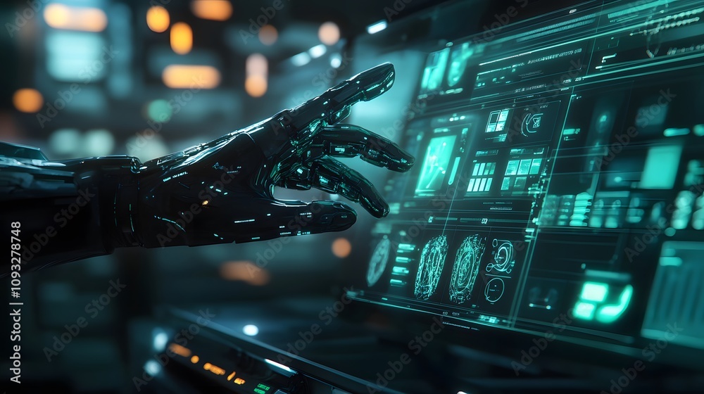 Poster a sleek workspace showcasing wearable tech gloves that control 3d holographic tools, with 2d annotat