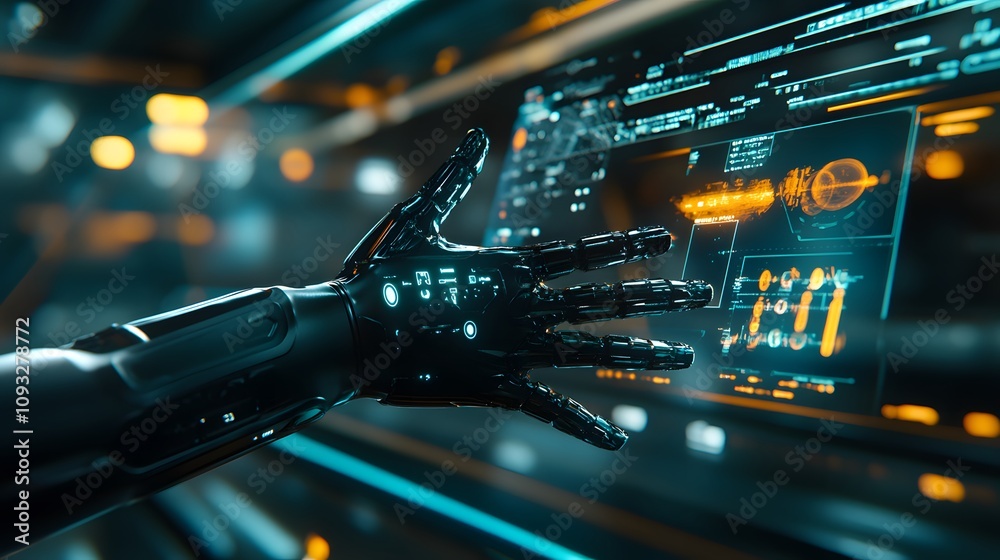 Poster a sleek workspace showcasing wearable tech gloves that control 3d holographic tools, with 2d annotat