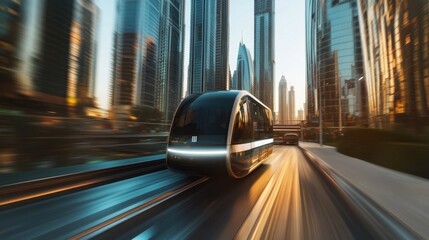Futuristic Autonomous Pod Moving Through Urban Landscape at Sunset with Skyscrapers and Blurred Lights Enhancing Modern City Vibes and Transportation Innovation