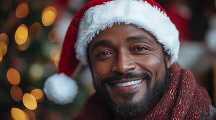 black man, cosmetology, beauty, festive makeup, Merry Christmas and Happy New Year, banner with copy space