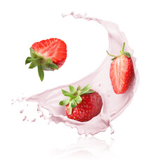Strawberries and splashing milk or yogurt in air on white background
