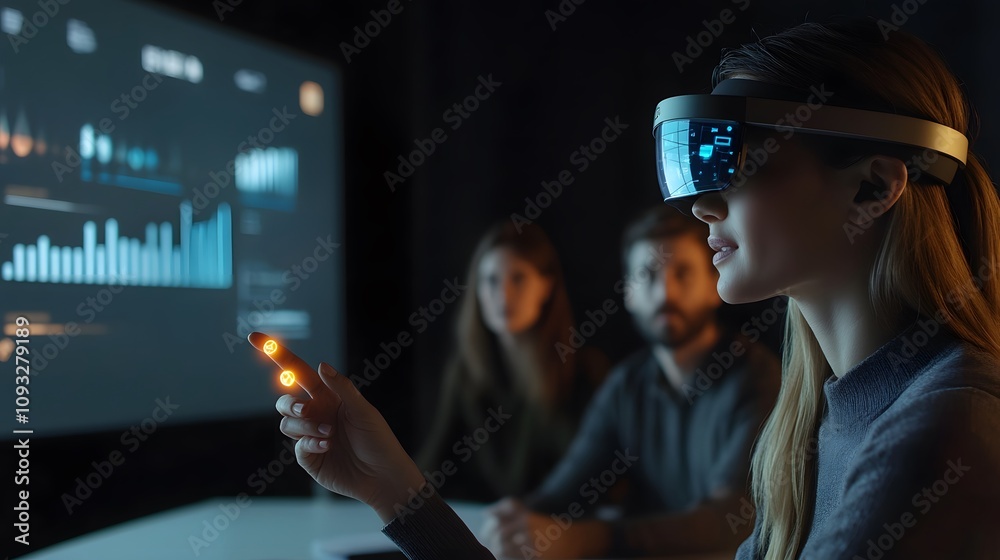 Aufkleber a professional in a hybrid meeting using a wearable device projecting 3d customer engagement metrics