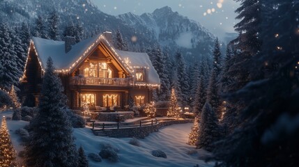 Fototapeta premium wooden house decorated with lights in the mountains