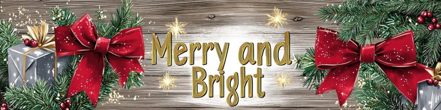 Elegant Christmas design with taupe wood grain, barn red bows, galvanized grey details, and bright green foliage, featuring "Merry and Bright" in metallic gold for a balanced rustic theme
