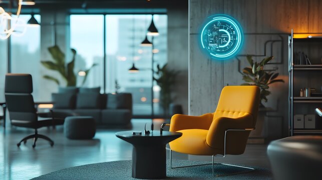 A coworking hub featuring wearable tech rings that activate 3D interactive data visualizations, with 2D floating updates for collaboration. 4k resolution, Cinematic Scene