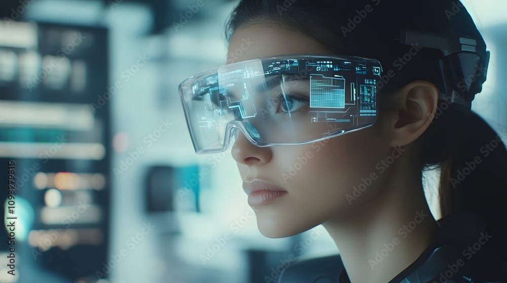 Poster a futuristic design lab showcasing wearable tech that triggers 3d holographic prototypes, with 2d ta