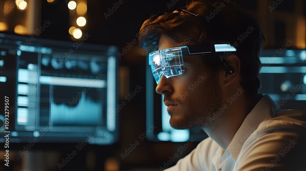 Aufkleber a professional analyzing workplace data using a wearable headband that projects 3d resource manageme