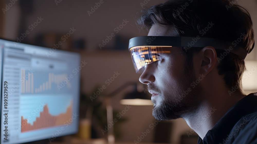 Poster A professional analyzing workplace data using a wearable headband that projects 3D resource management tools, with 2D actionable charts. 4k resolution, Cinematic Scene