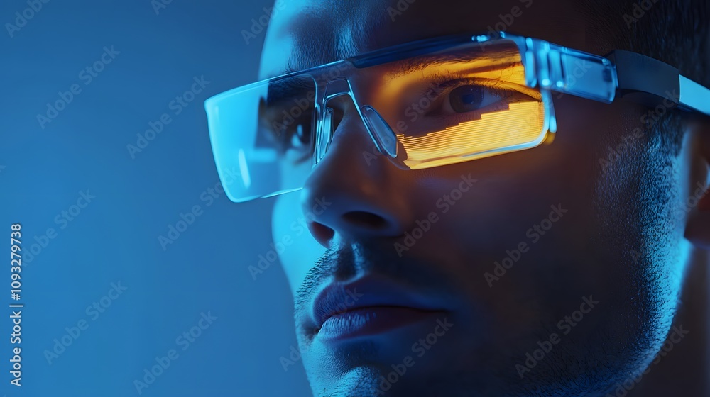 Poster a hybrid professional presenting with wearable smart glasses that display 3d glowing analytics, supp