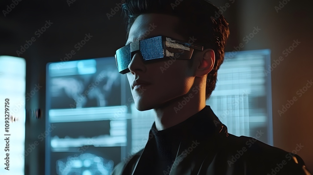 Poster a hybrid professional presenting with wearable smart glasses that display 3d glowing analytics, supp