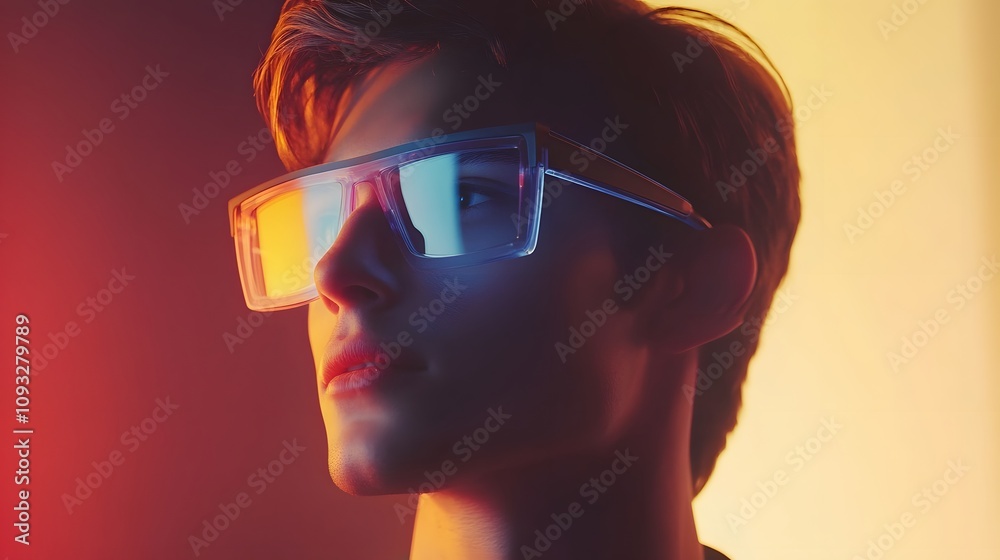 Poster a hybrid professional presenting with wearable smart glasses that display 3d glowing analytics, supp