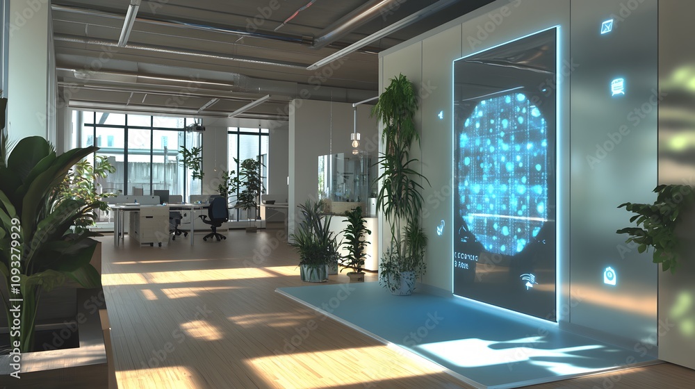 Poster a coworking space integrating wearable wrist devices that activate 3d team collaboration tools, with