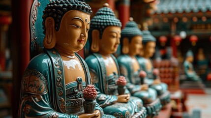 Fototapeta premium Serene Teal Buddha Statues In A Temple Setting