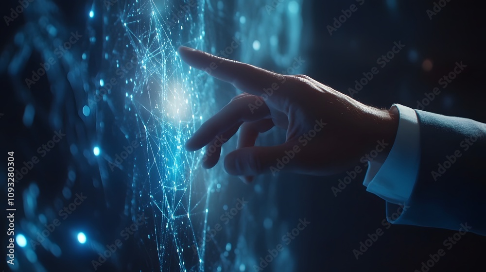 Poster a professional wearing a 3d holographic interface device to present strategic data, with 2d glowing 