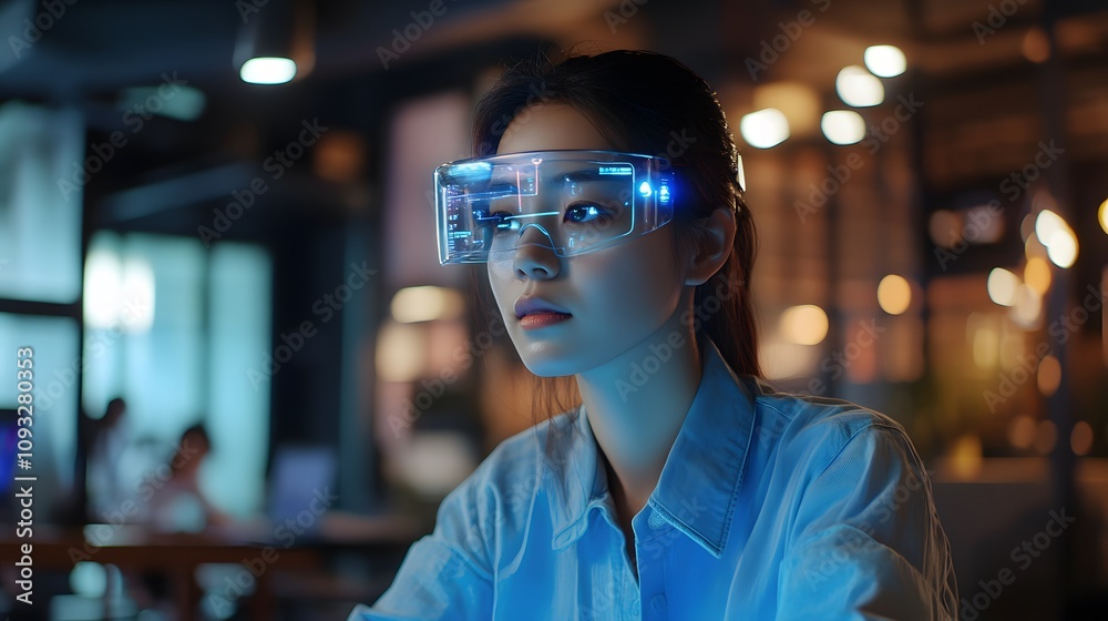 Poster A coworking hub integrating wearable tech to activate 3D virtual assistant tools and 2D real-time team updates. 4k resolution, Cinematic Scene
