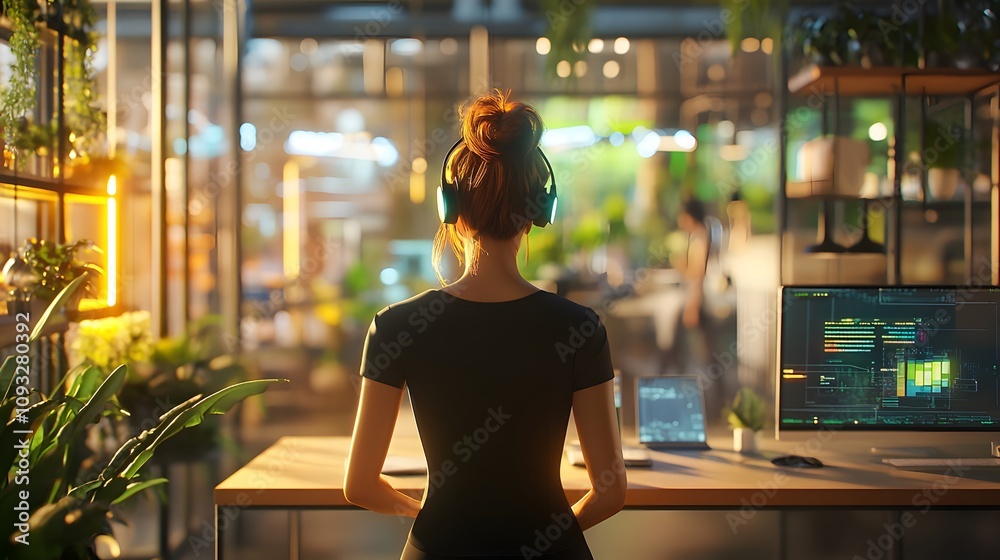 Aufkleber A coworking hub integrating wearable tech to activate 3D virtual assistant tools and 2D real-time team updates. 4k resolution, Cinematic Scene